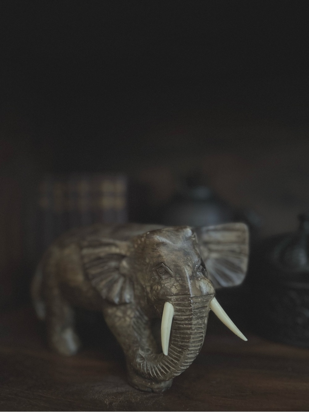 Hand-Carved Wooden Elephant Figurine with Tusks | Folk Art Decor